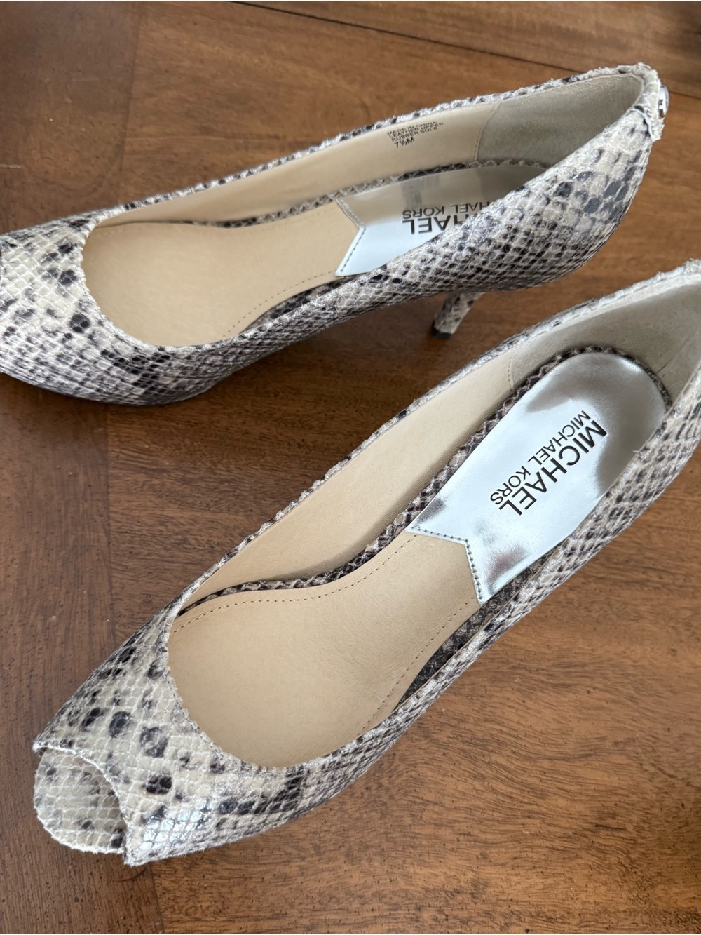 Michael Kors Neutral Snake-Print Peep Toe Heels